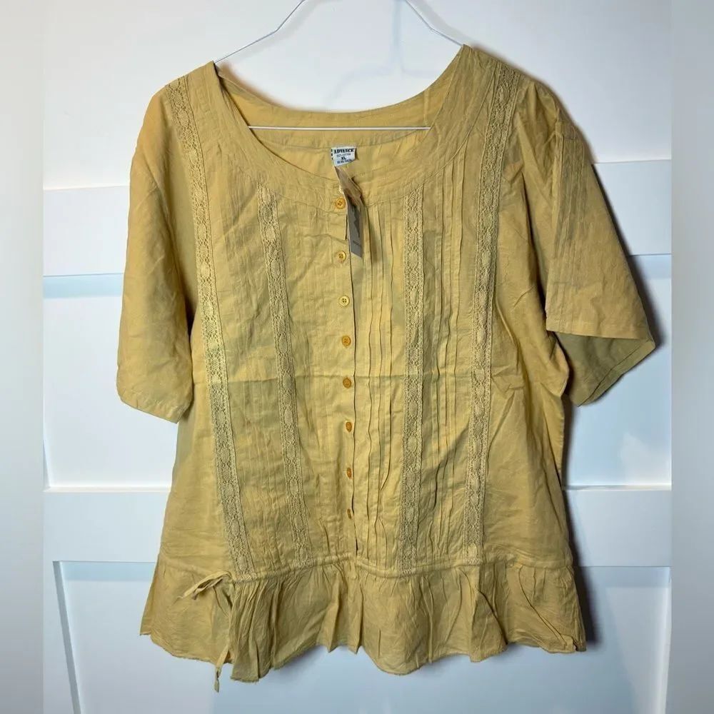 New Vintage Advance Apparels Creek Mustard Button-Down Peplum Blouse with lace